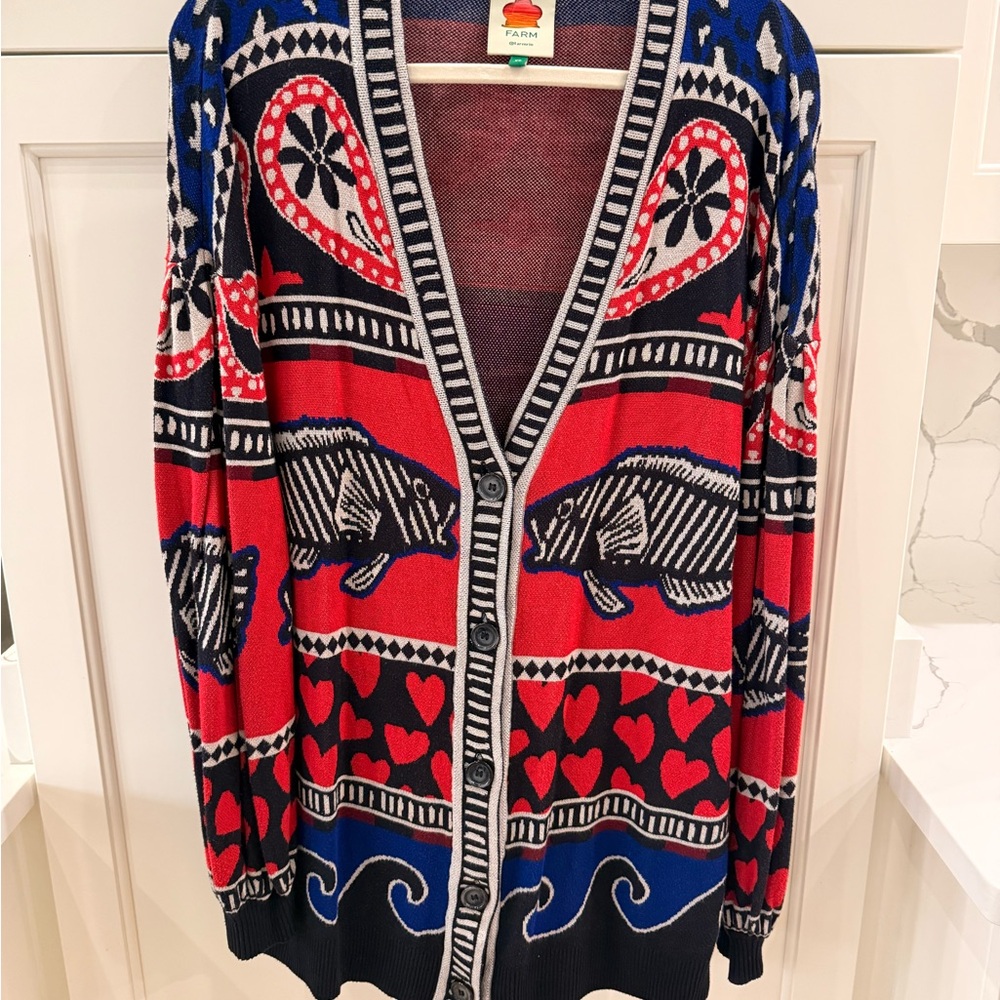FARM Rio Red and Blue Fish waves hearts Cardigan sweater
